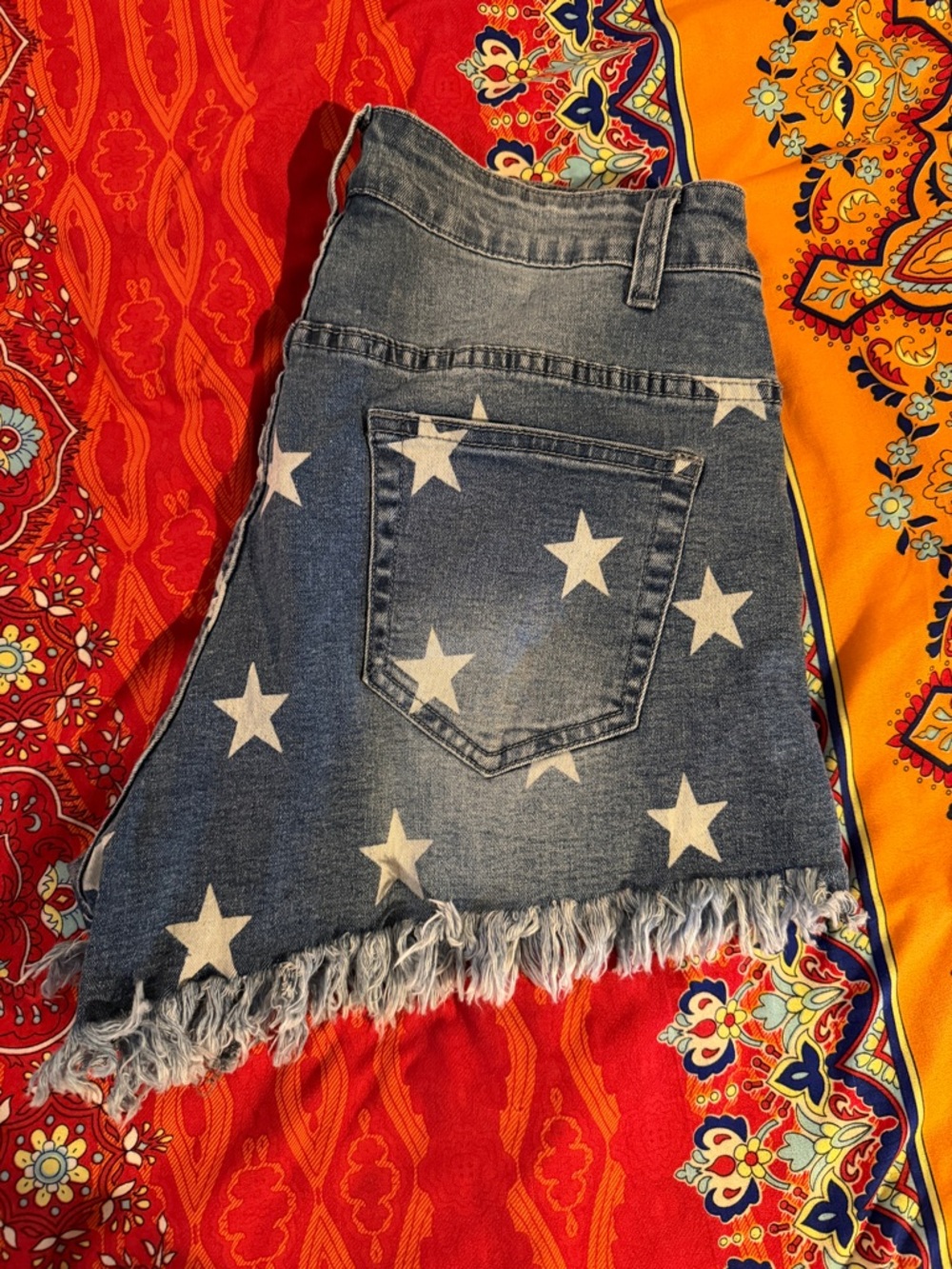 Denim Star Print Fringe Hem Hight Waisted Jean Shorts
